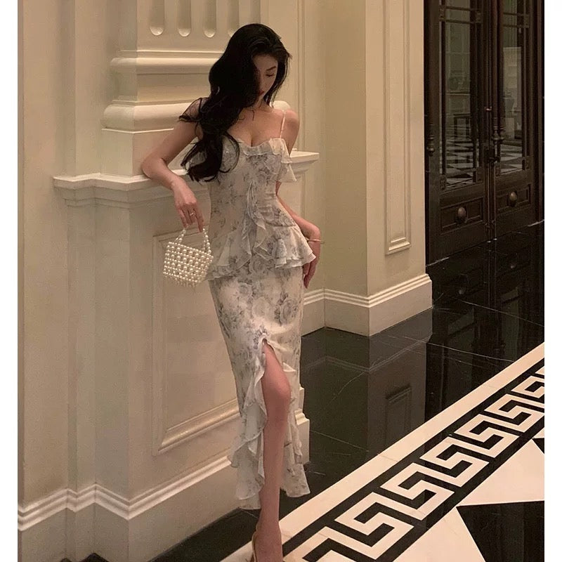 Classy Sheath Spaghetti Straps Chiffon Floral Prom Dresses Birthday Outfits Evening Gown - View 3 | FashionDia