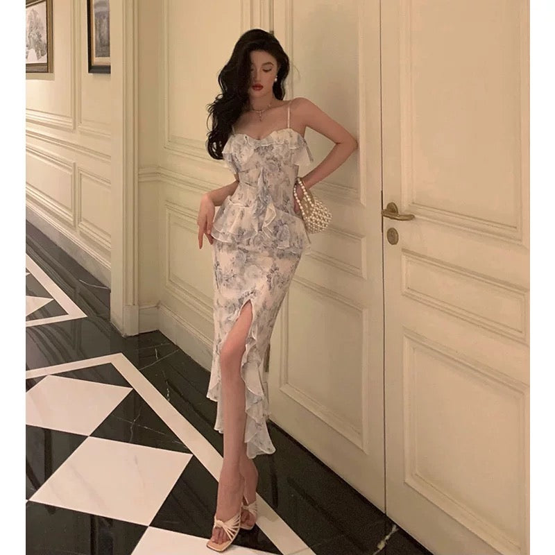 Classy Sheath Spaghetti Straps Chiffon Floral Prom Dresses Birthday Outfits Evening Gown - View 2 | FashionDia