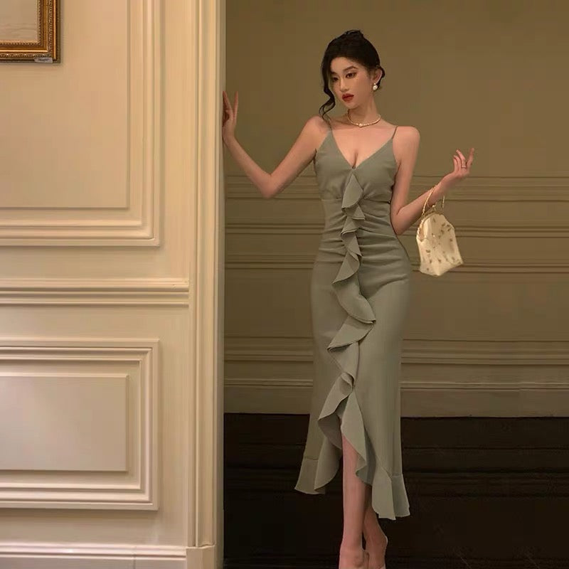 Classy Sheath Spaghetti Straps Green Ruffles Prom Dresses Birthday Outfits Evening Gown - FashionDia