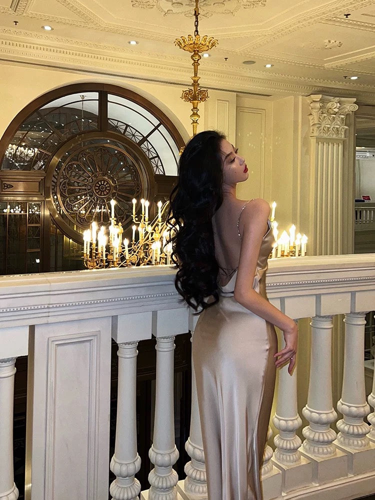 Classy Sheath Spaghetti Straps Champagne Prom Dresses Birthday Outfits Evening Gown - FashionDia