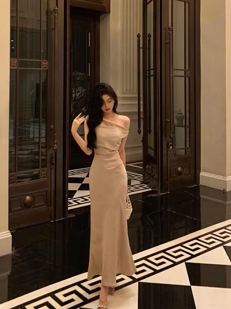 Sexy Mermaid One Shoulder Satin Champagne Prom Dresses Long Birthday Outfits Evening Gown