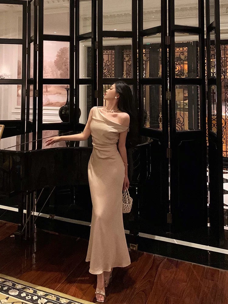 Sexy Mermaid One Shoulder Satin Champagne Prom Dresses Long Birthday Outfits Evening Gown