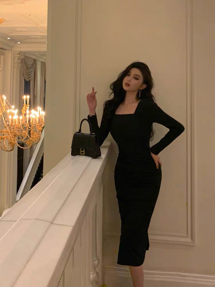 Classy Sheath Square Neckline Black Prom Dresses Birthday Outfits Evening Gown - View 2 | FashionDia