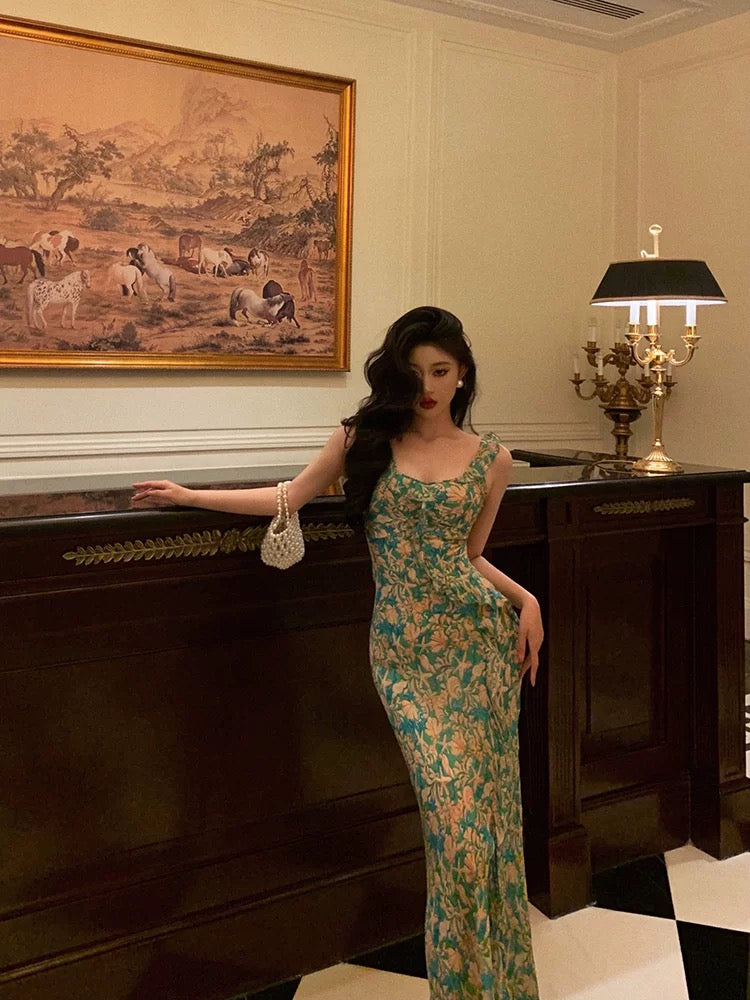 Sexy Mermaid Straps Floral Green Chiffon Prom Dresses Birthday Outfits Evening Gown - View 2 | FashionDia