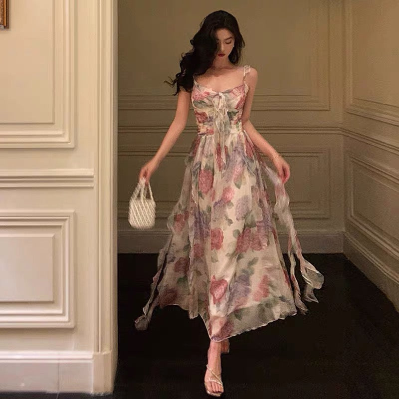 Elegant A-Line Spaghetti Straps Pink Floral Prom Dresses Birthday Outfits Evening Gown - FashionDia