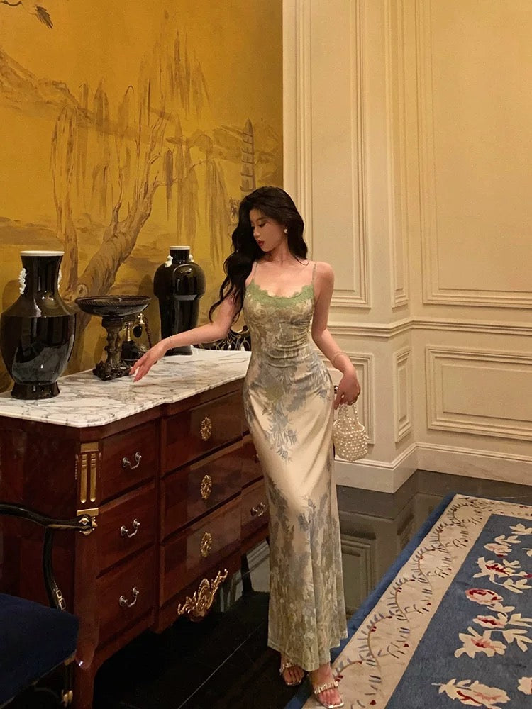 Elegant Sheath Spaghetti Straps Sage Green Floral Prom Dresses Birthday Outfits Evening Gown