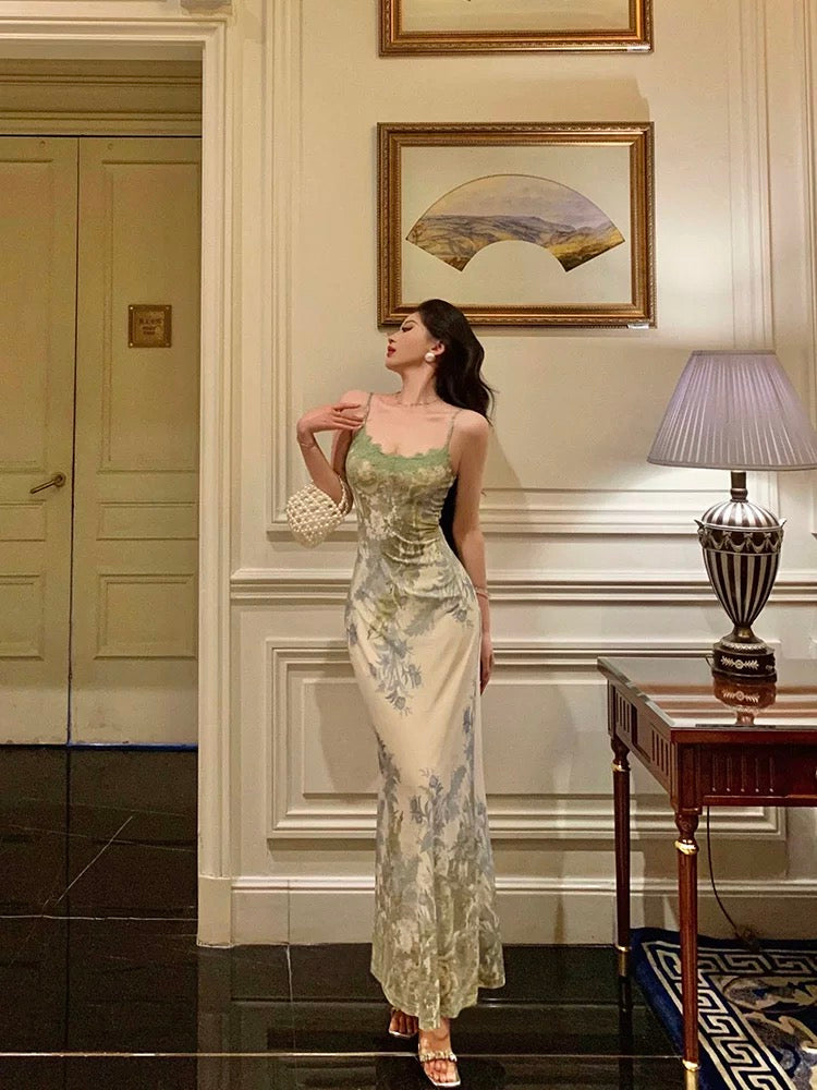 Elegant Sheath Spaghetti Straps Sage Green Floral Prom Dresses Birthday Outfits Evening Gown