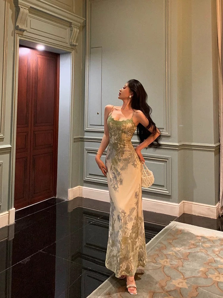Elegant Sheath Spaghetti Straps Sage Green Floral Prom Dresses Birthday Outfits Evening Gown