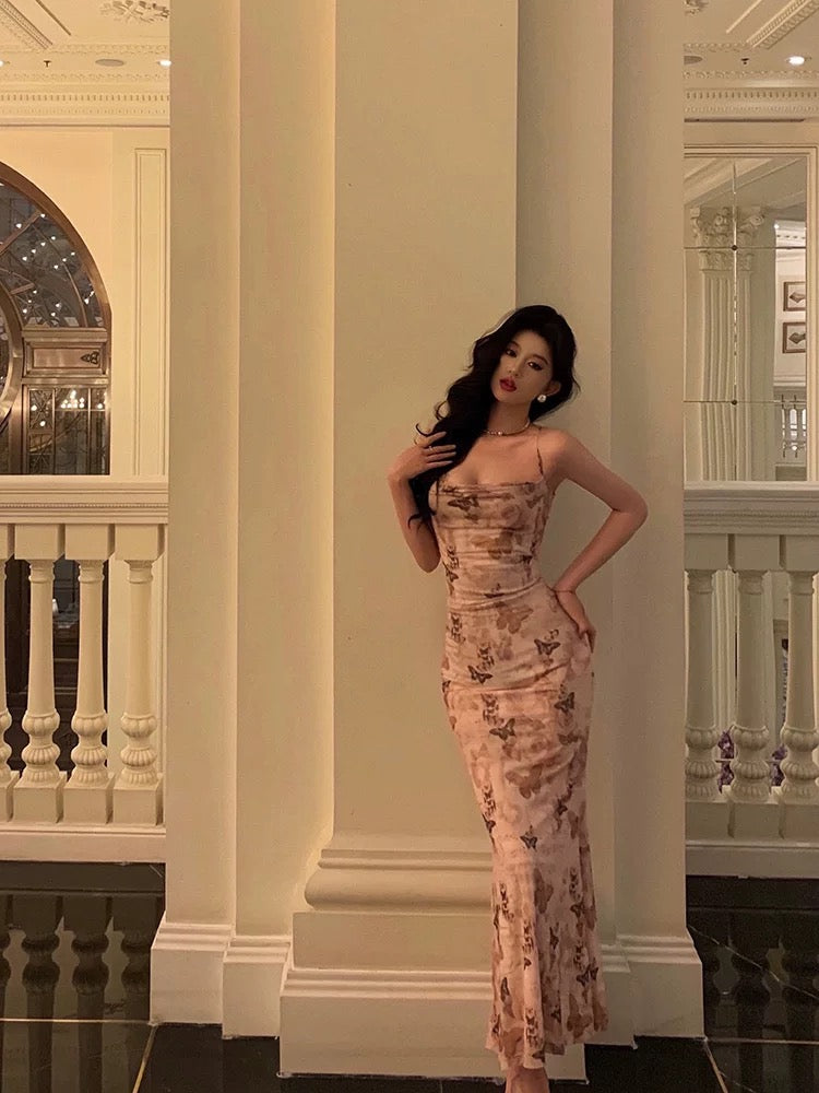 Elegant Sheath Spaghetti Straps Floral Pink Prom Dresses Birthday Outfits Evening Gown - View 2 | FashionDia