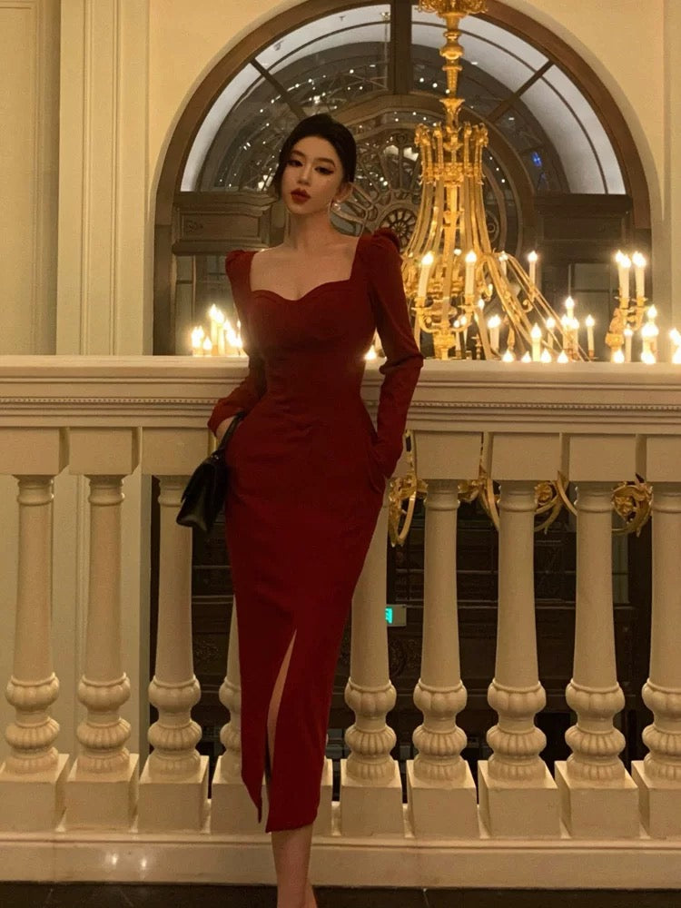 Elegant Sheath Strapless Red Slit Prom Dresses Beads Birthday Outfits Evening Gown