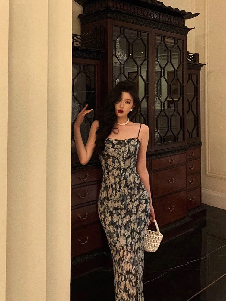 Sexy Sheath Spaghetti Straps Blue Floral Prom Dresses Birthday Outfits Evening Gown - View 4 | FashionDia
