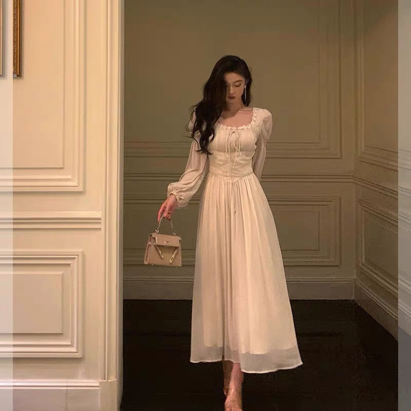 Elegant A-Line Square Neckline Long Sleeves White Chiffon Prom Dresses Birthday Outfits Evening Gown - FashionDia