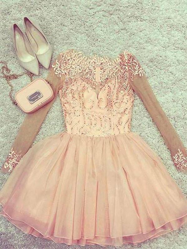 Long Sleeves Appliques Homecoming Dress Party Dresses with Beading - View 2 | VelvetHem