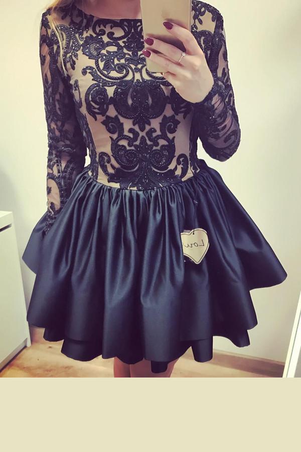 Black Long Sleeve Ball Gown V Back Appliques Homecoming Dress, Short Prom Dress - VelvetHem