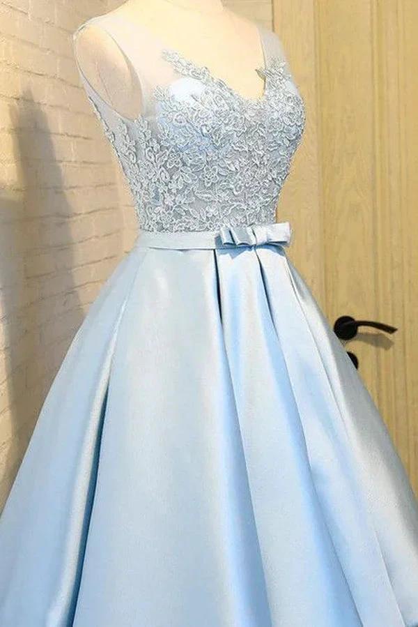 Blue A Line Princess V Neck Backless Appliques Homecoming Dresses (ZD11555)