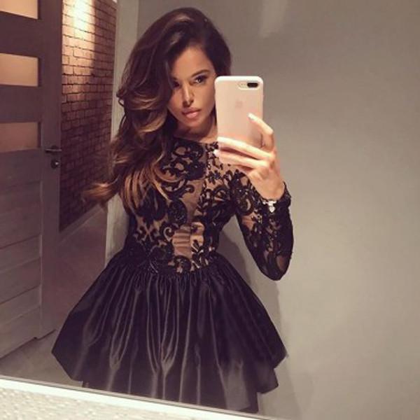 Black Long Sleeve Ball Gown V Back Appliques Homecoming Dress, Short Prom Dress - View 3 | VelvetHem