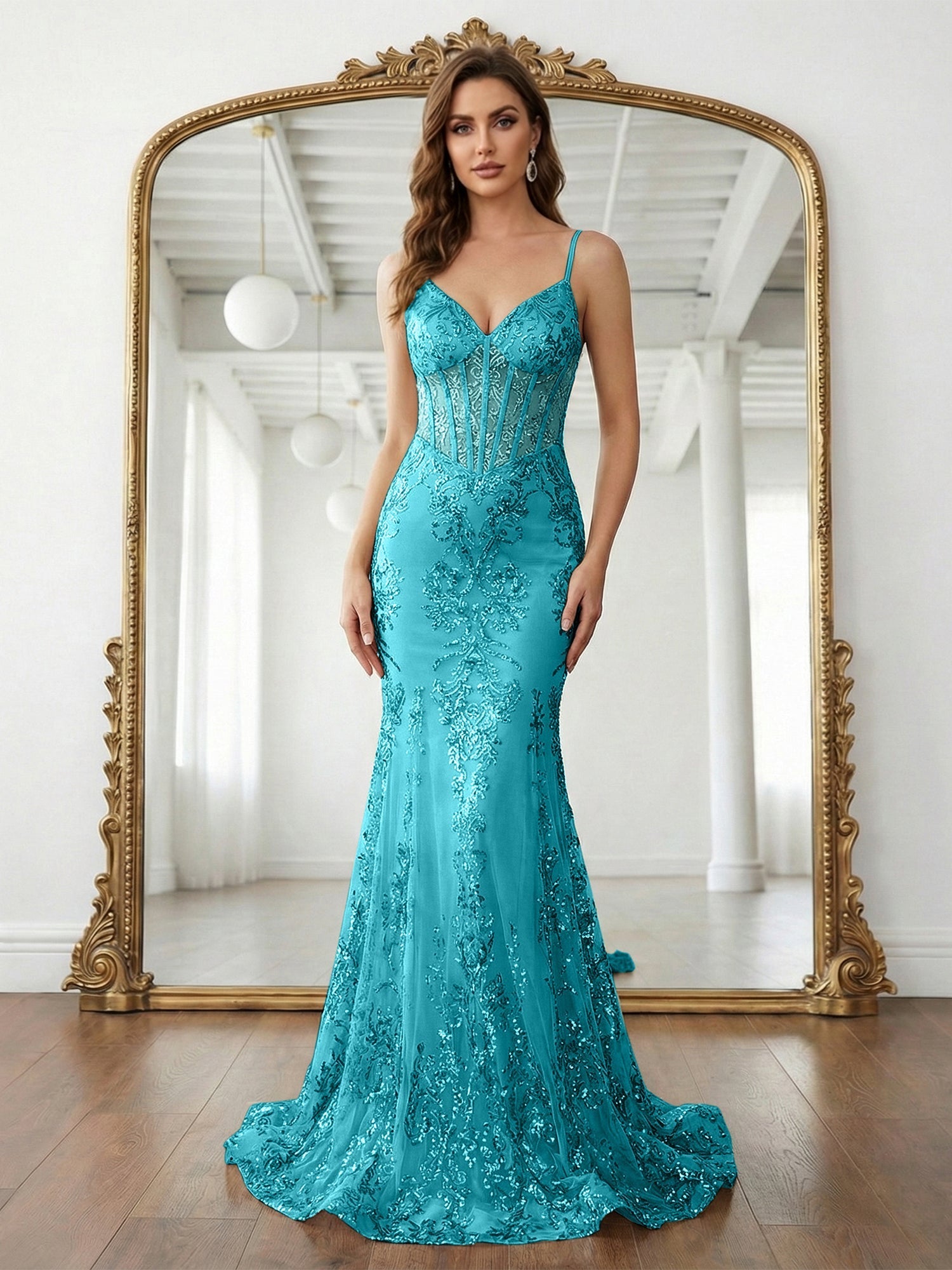 Trumpet/Mermaid Spaghetti Straps Sparkly Sequin Lace Applique Long Prom Dress
