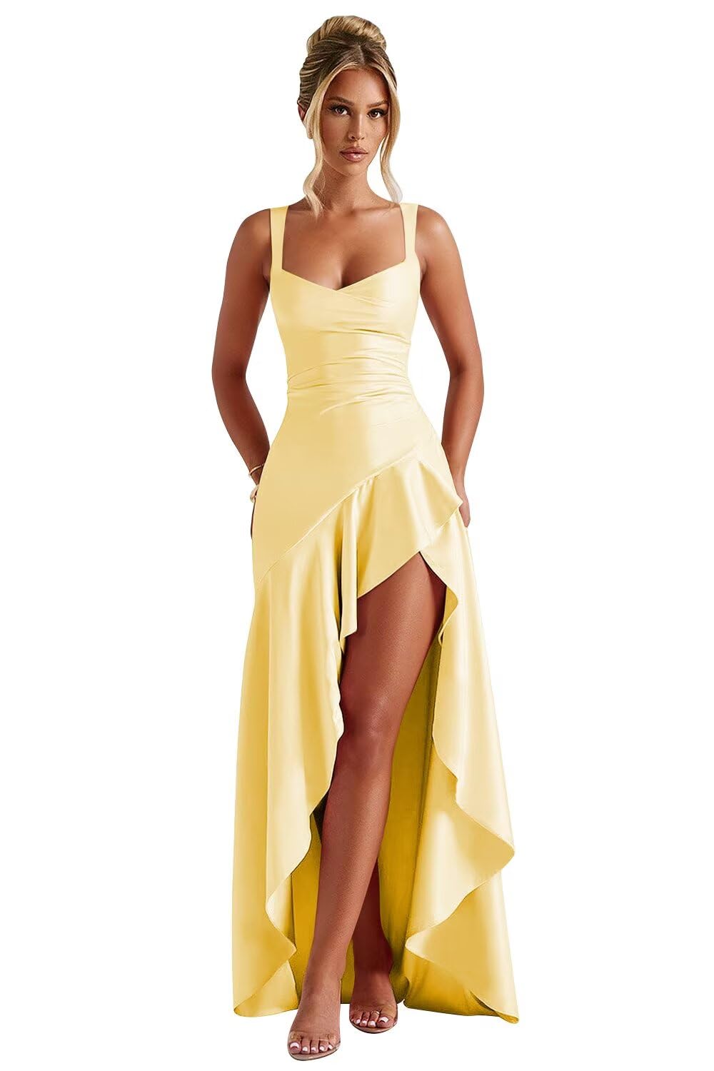 Satin Ruffles Prom Dresses for Teens Hi-Low Aline Cocktail Dresses for Women QA204