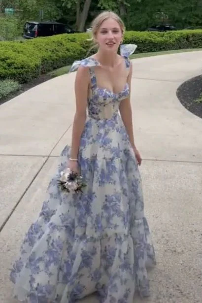 A-line Blue Floral Print Long Prom Dress Blue Evening Dress Y2560 - View 2 | VelvetHem
