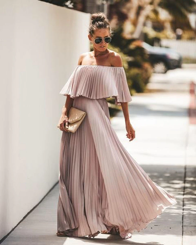 Elegant Off Shoulder Chiffon Summer Ruffle Pleated Prom Dresses  C749