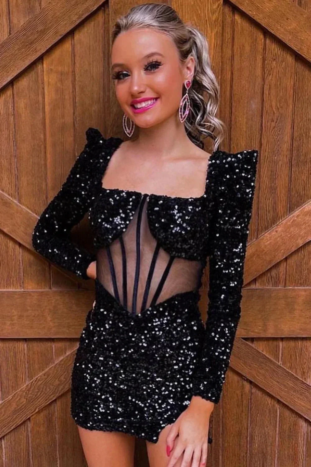 Iridescent White Sequins Long Sleeves Square Neck Homecoming Dress Y2677 by simplepromdress