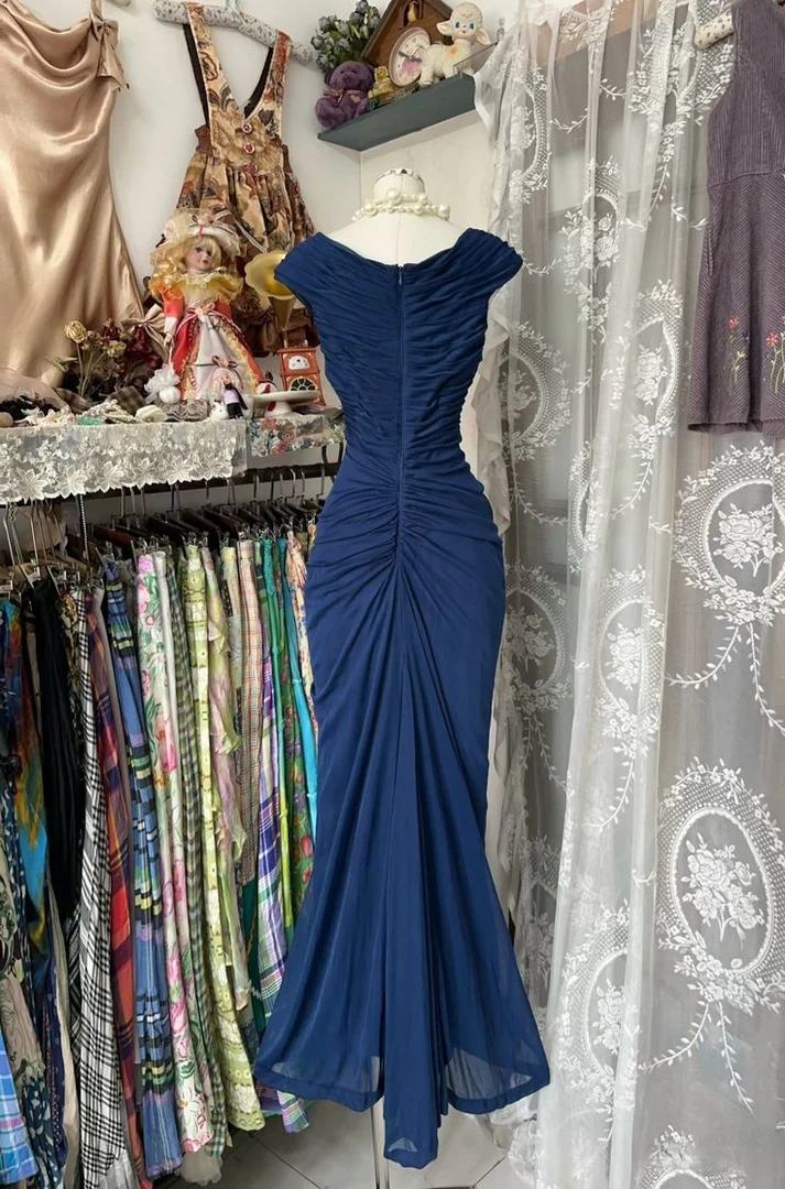 Vintage Navy Blue Chiffon Ruched Evening Gown Mermaid Party Prom Dress Y8076 - View 3 | VelvetHem