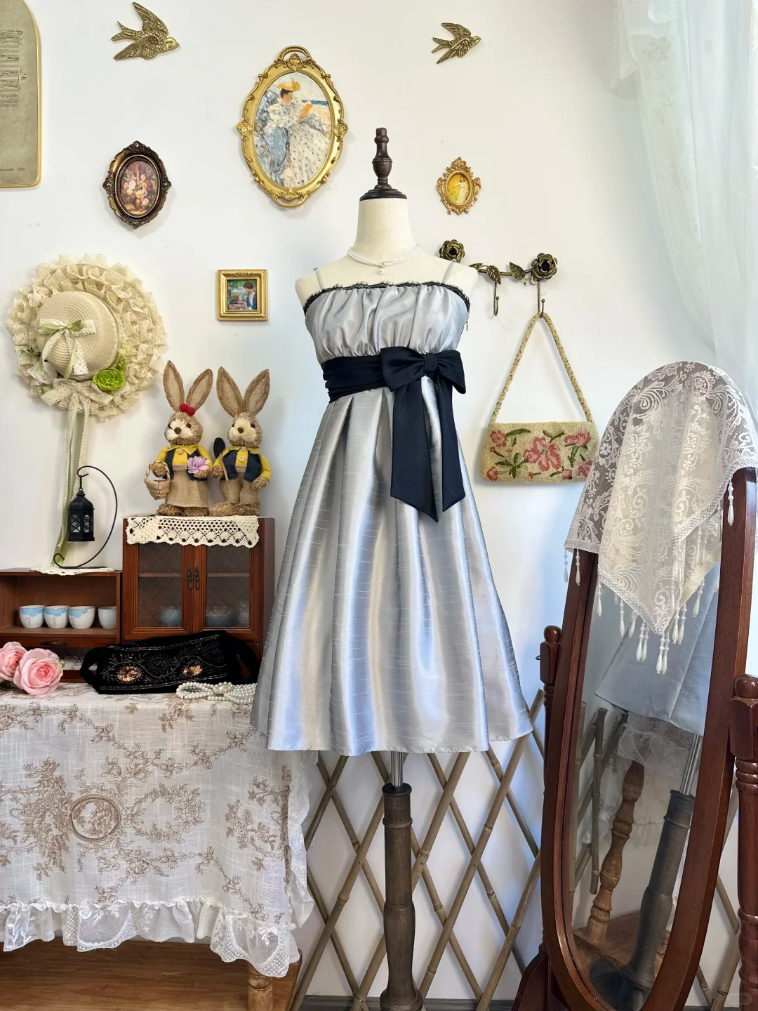 Vintage Silver Gray Satin A Line Short Prom Formal Graduation Homecoming Dress With Bow D309