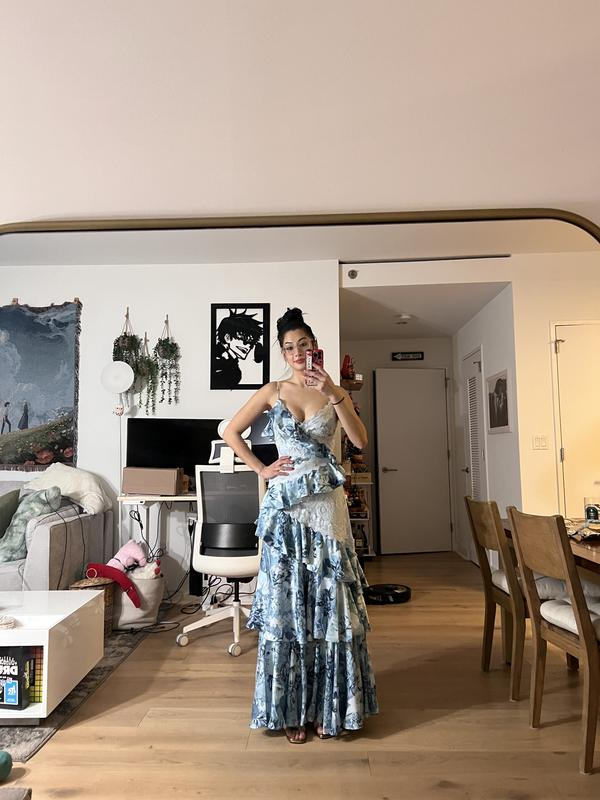 Vintage Blue Satin Print Tiered Ruffles A Line party Dress,Spaghetti Straps Prom Evening Dress