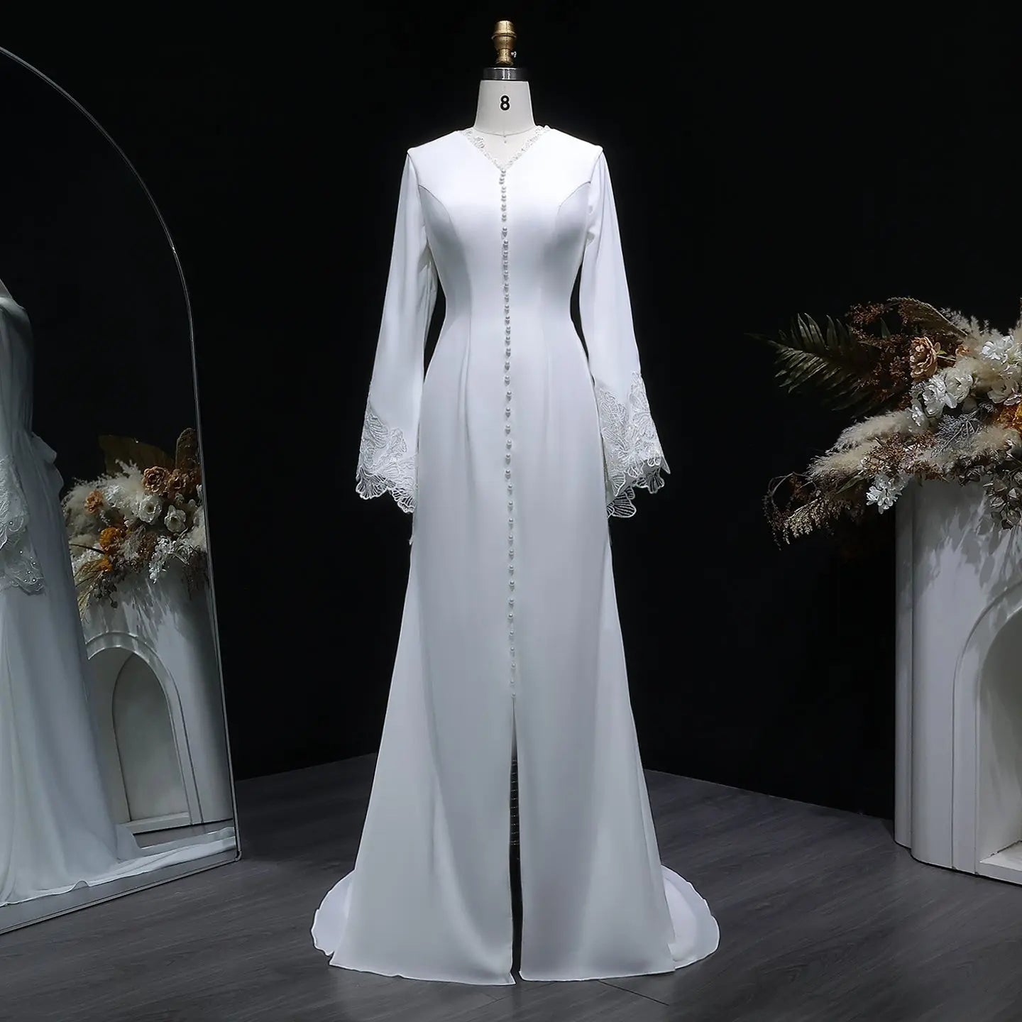 Elegant White Pearl High Neck Long Sleeve Wedding Dress with Veil ZP102