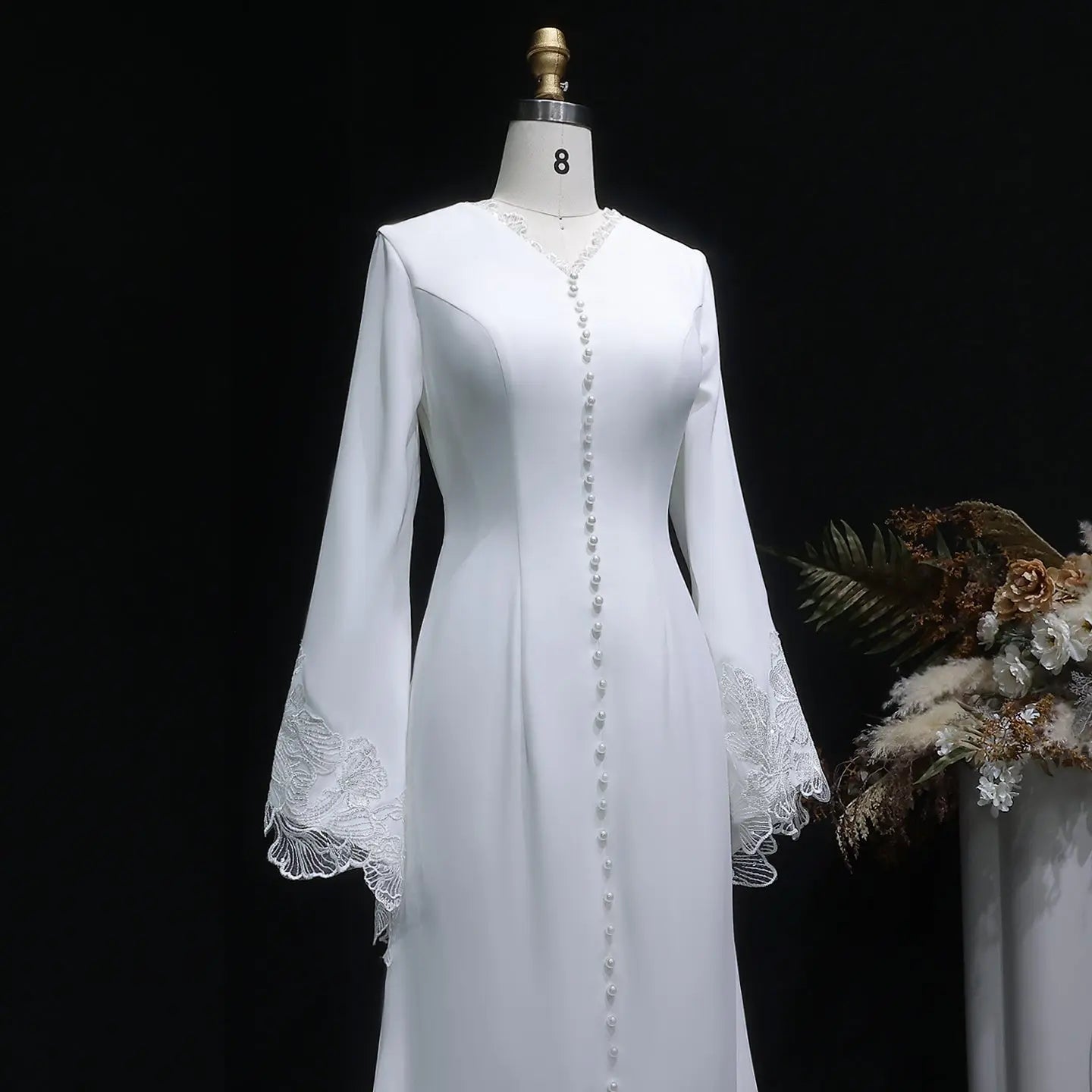 Elegant White Pearl High Neck Long Sleeve Wedding Dress with Veil ZP102