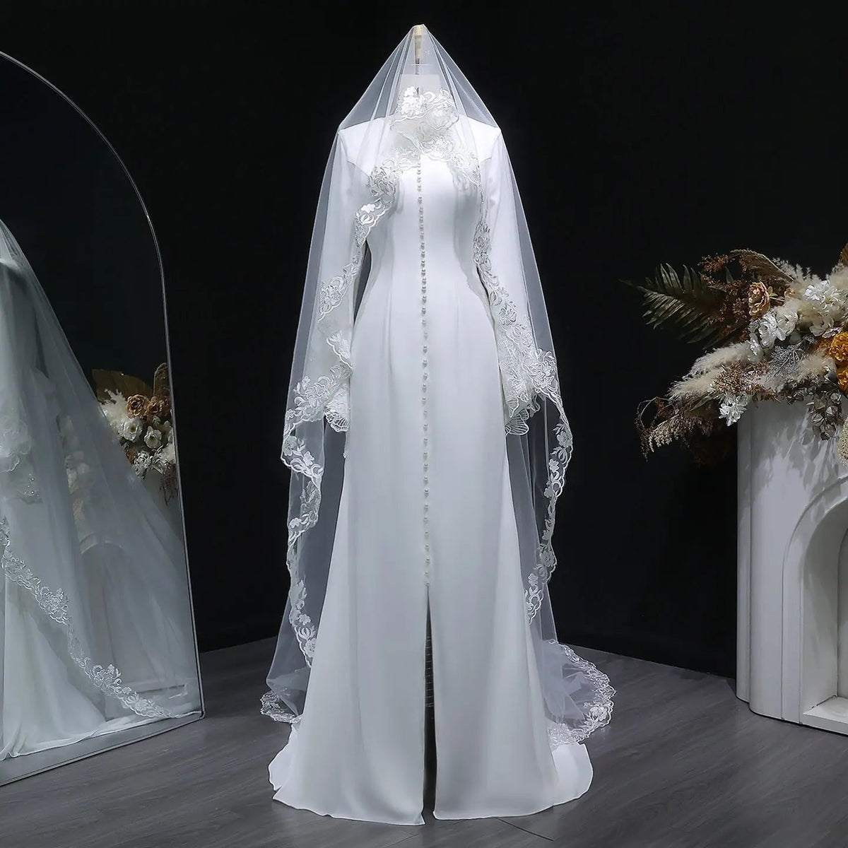 Elegant White Pearl High Neck Long Sleeve Wedding Dress with Veil ZP102