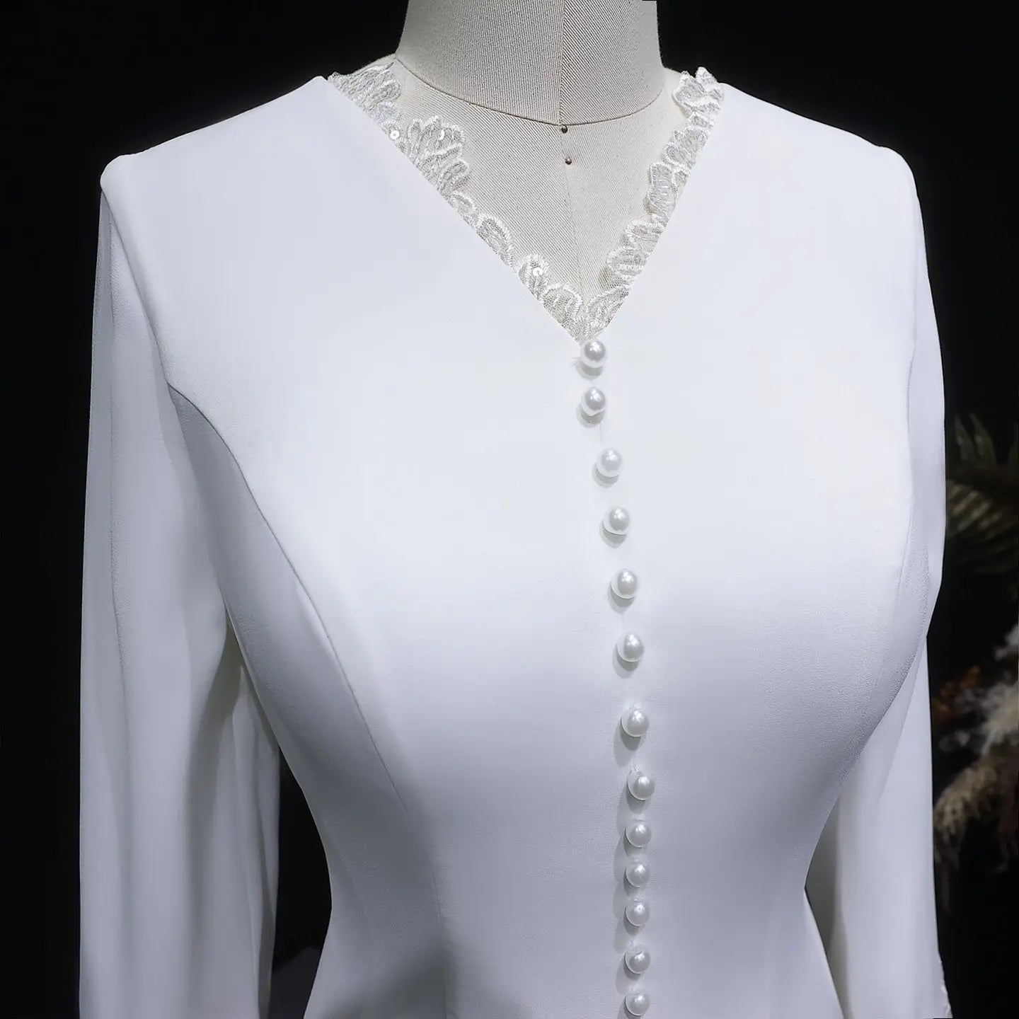 Elegant White Pearl High Neck Long Sleeve Wedding Dress with Veil ZP102
