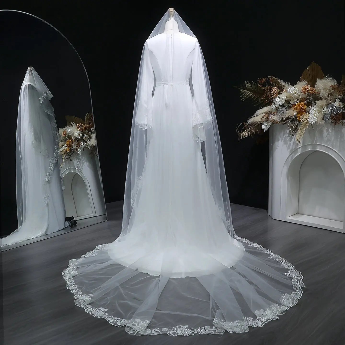 Elegant White Pearl High Neck Long Sleeve Wedding Dress with Veil ZP102