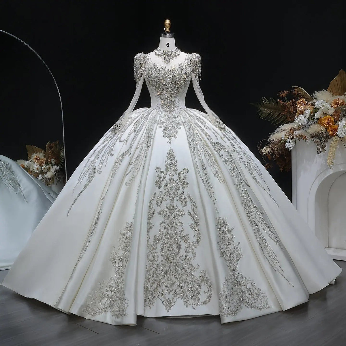 Luxury Long Sleeve Ivory Wedding Dress with Crystal Embroidered Details ZP162