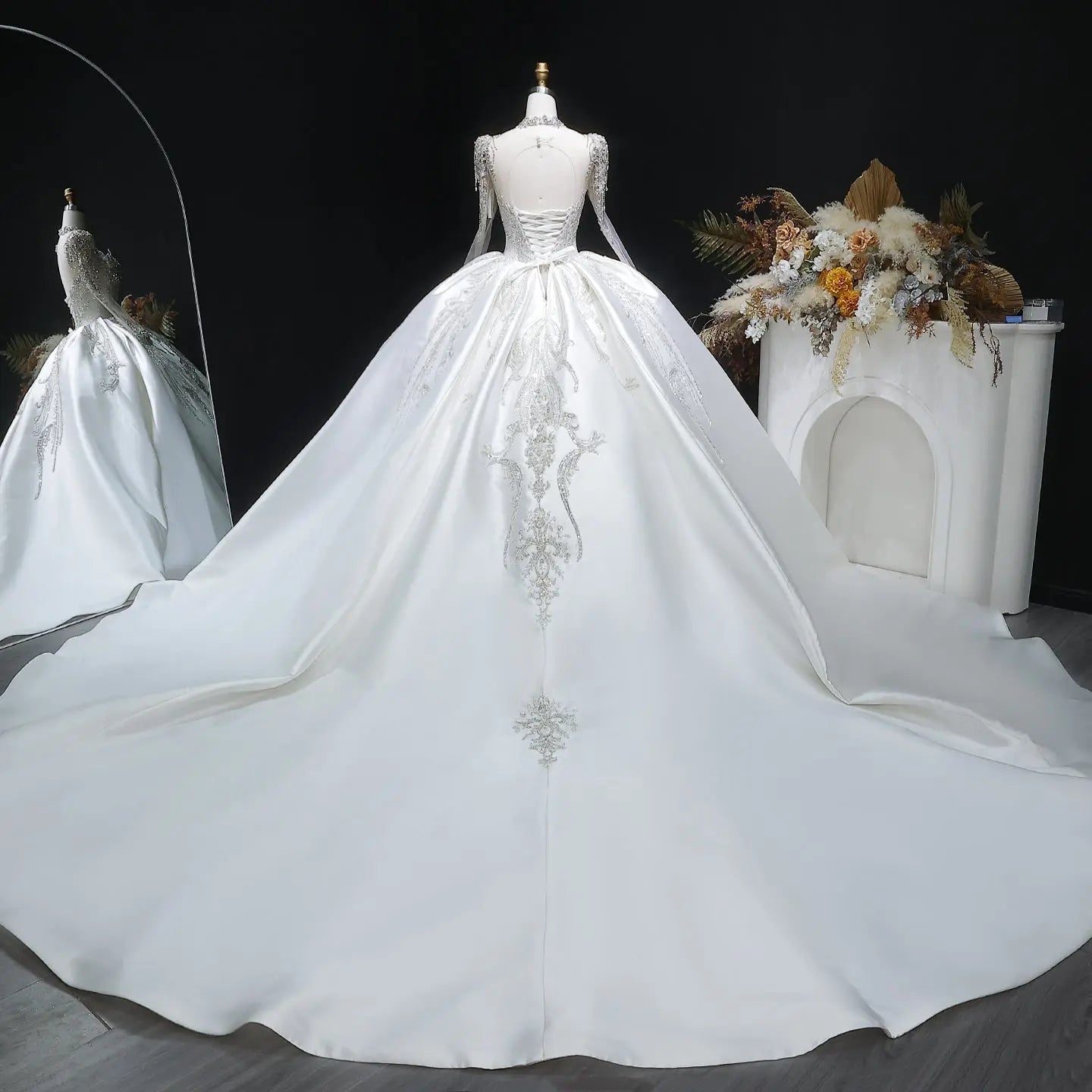 Luxury Long Sleeve Ivory Wedding Dress with Crystal Embroidered Details ZP162