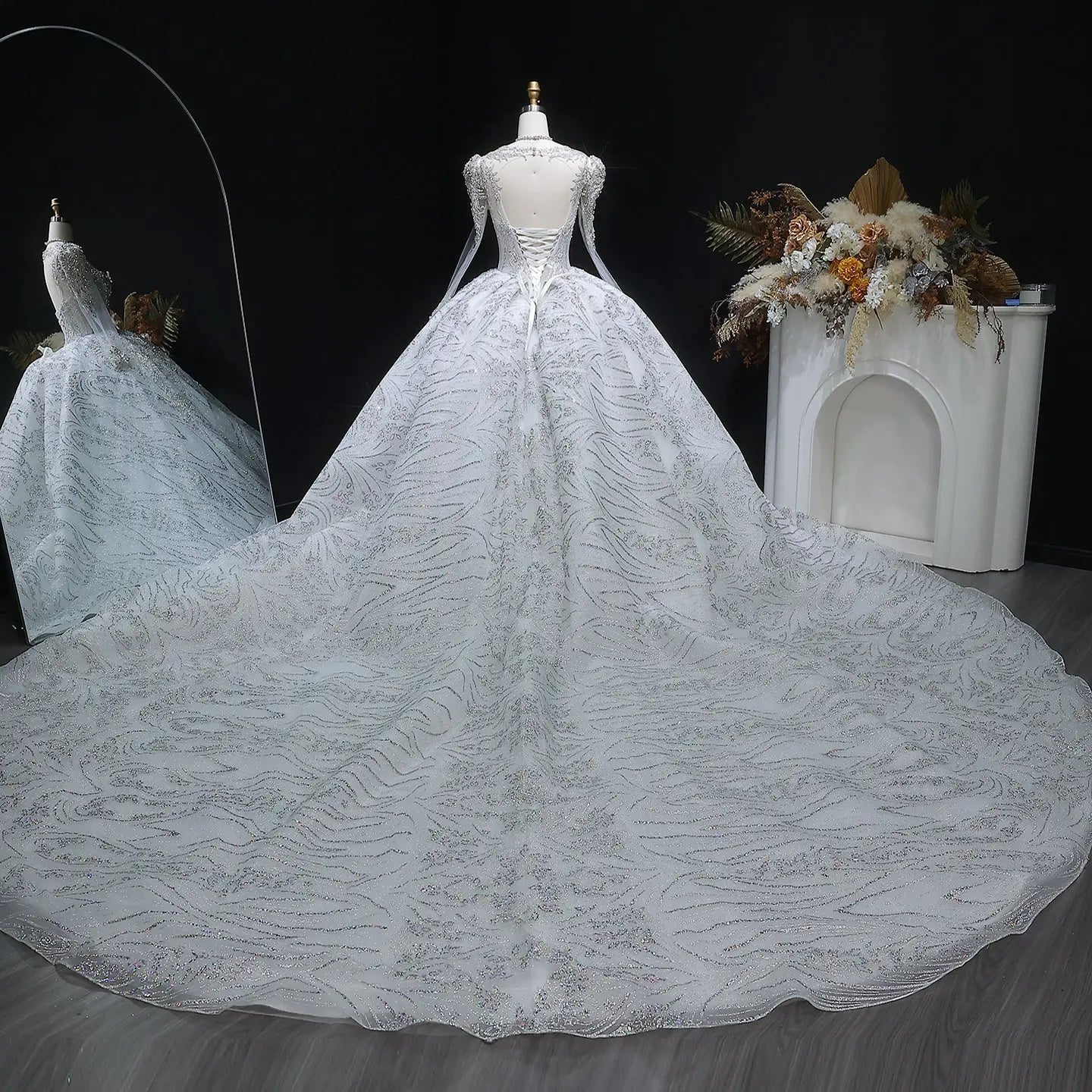 Glamorous White Diamond Embroidered Long Sleeve Wedding Dress ZP163