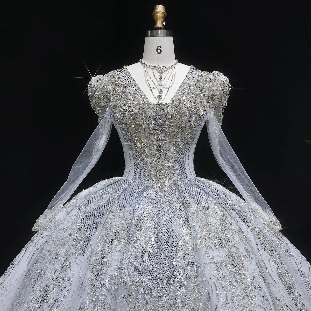 Glamorous White Diamond Embroidered Long Sleeve Wedding Dress ZP163
