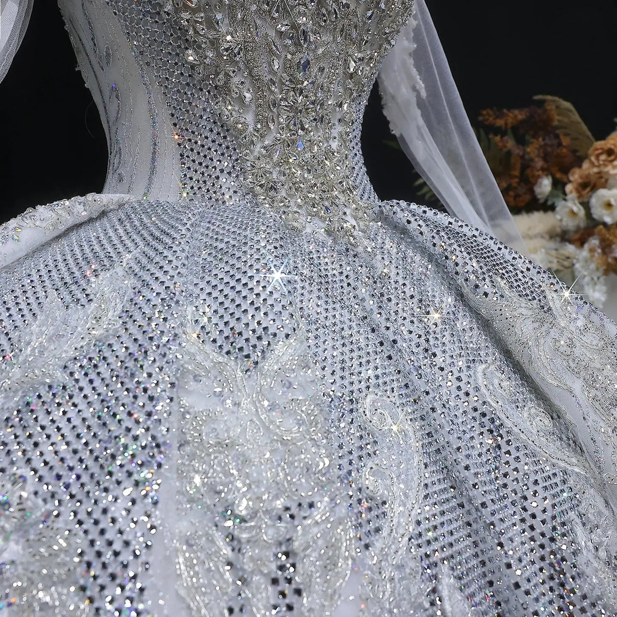 Glamorous White Diamond Embroidered Long Sleeve Wedding Dress ZP163