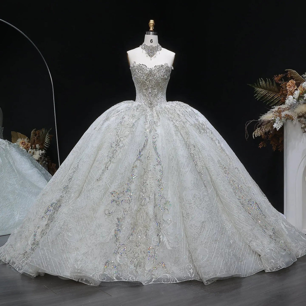 Luxury Sparkly White Ball Gown with Full-Sequin Embroidery Wedding Dress ZP164