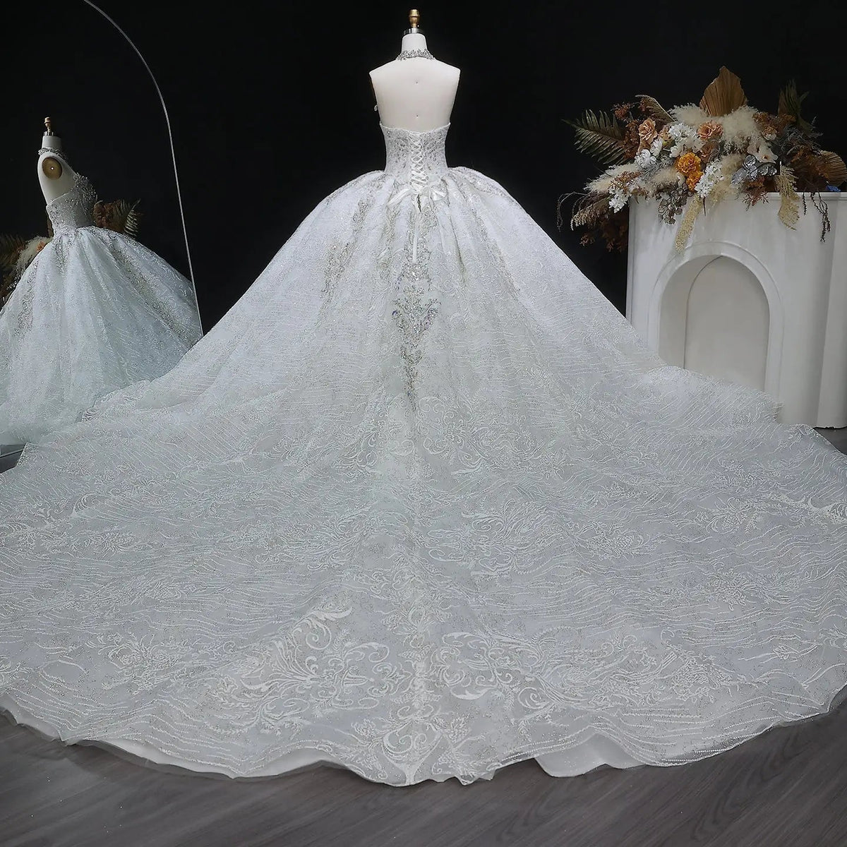 Luxury Sparkly White Ball Gown with Full-Sequin Embroidery Wedding Dress ZP164