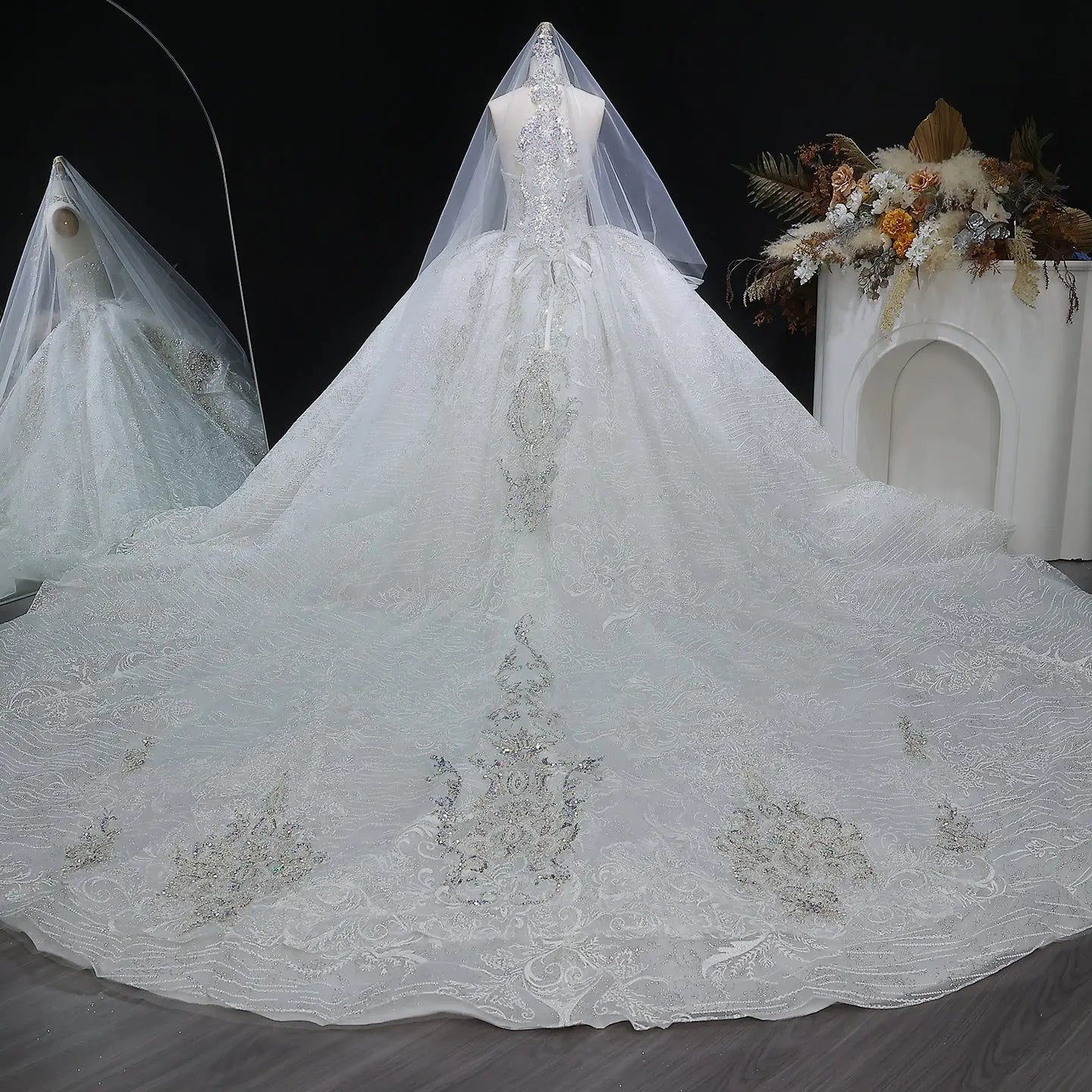 Luxury Sparkly White Ball Gown with Full-Sequin Embroidery Wedding Dress ZP164
