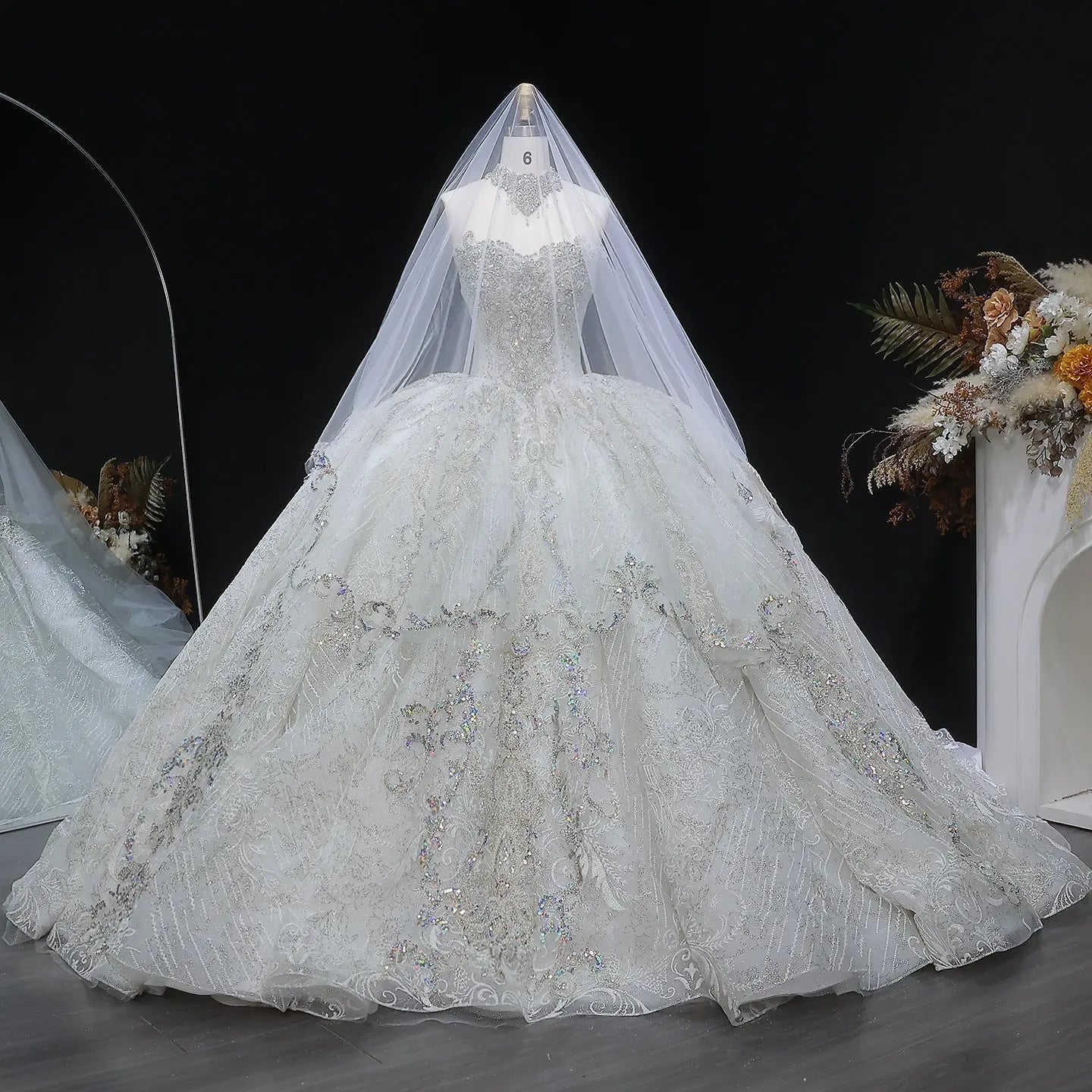 Luxury Sparkly White Ball Gown with Full-Sequin Embroidery Wedding Dress ZP164