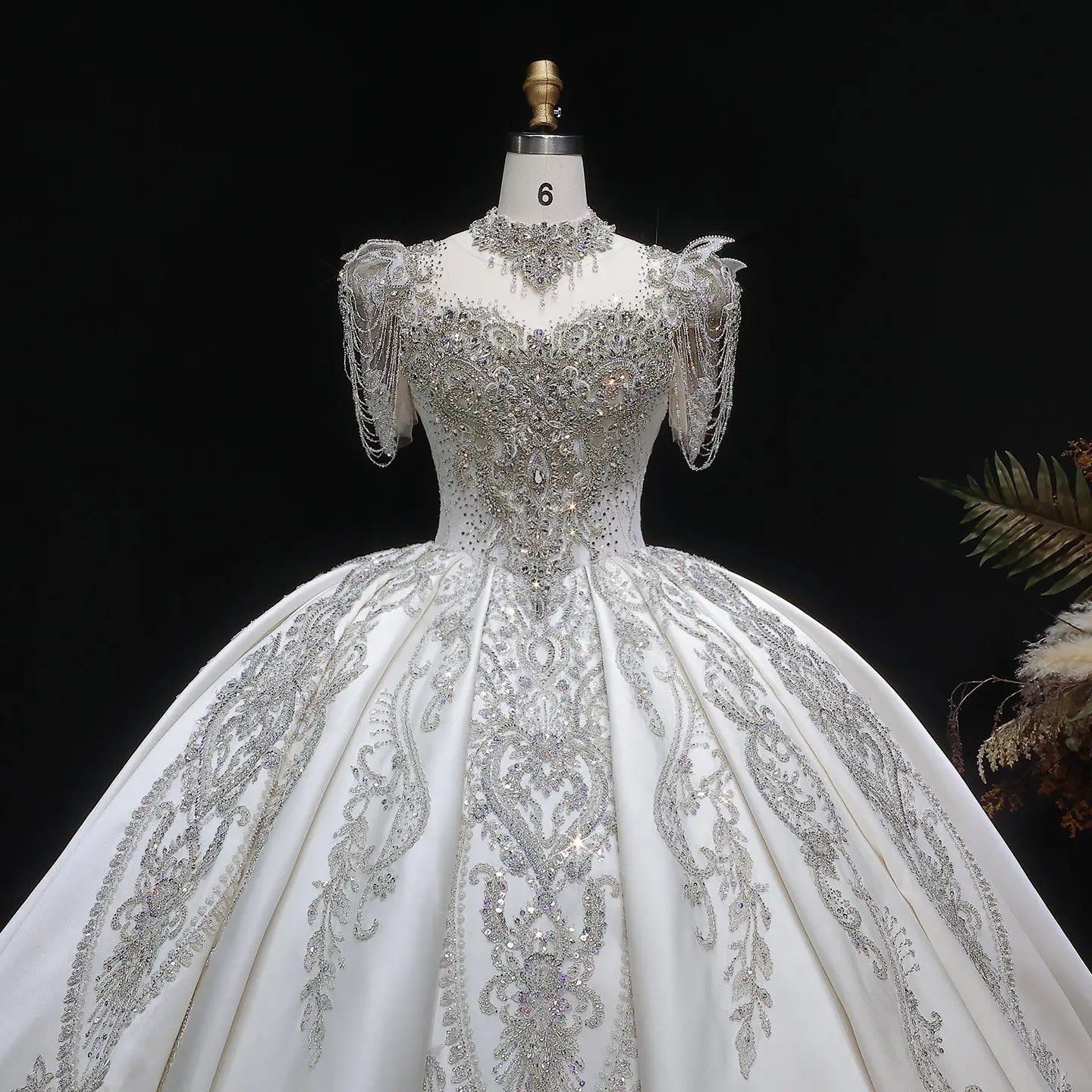 Luxury Satin Ivory Ball Gown with Silver Floral Embroidery Wedding Dress ZP165