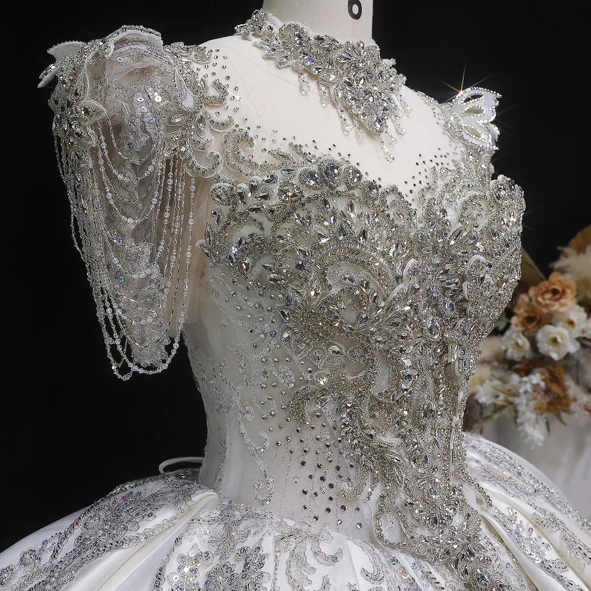 Luxury Satin Ivory Ball Gown with Silver Floral Embroidery Wedding Dress ZP165