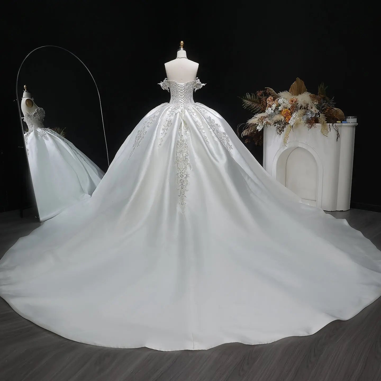 Ivory Luxury Satin Ball Gown with Silver Embroidery Wedding Dress ZP166