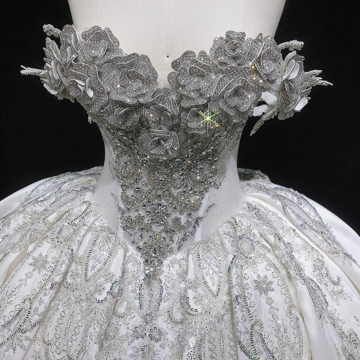 Ivory Luxury Satin Ball Gown with Silver Embroidery Wedding Dress ZP166