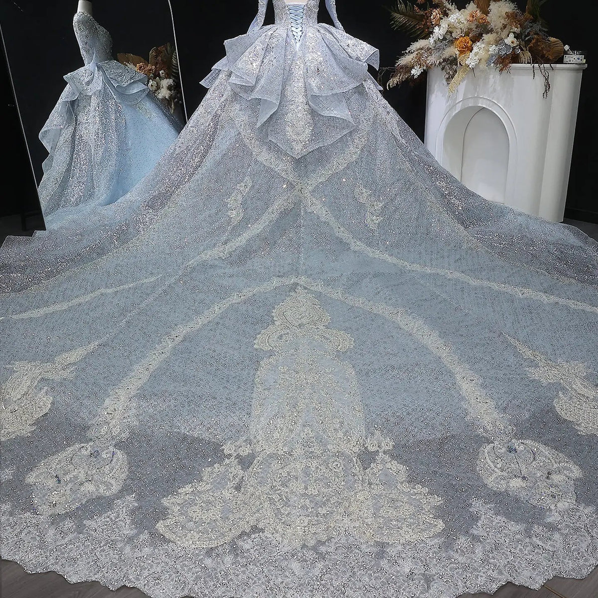 Luxury Blue Sequin Embroidery Ball Gown Wedding Dress ZP154 - View 8 | VelvetHem