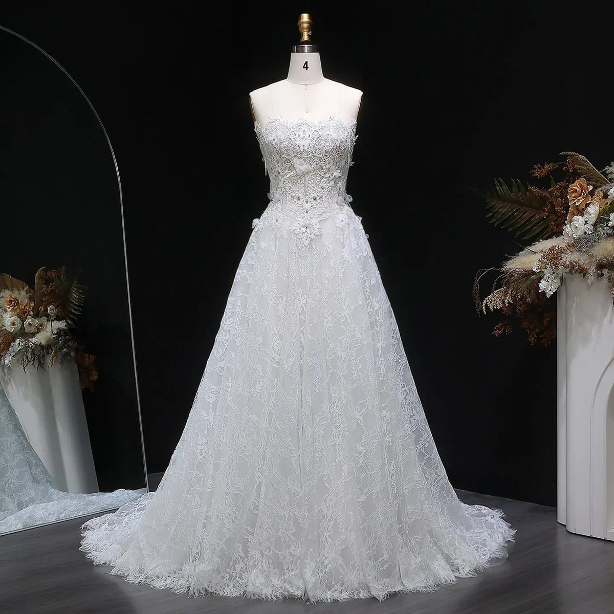 Luxury White Embroidered 3D Floral Strapless Ball Gown Wedding Dress ZP159