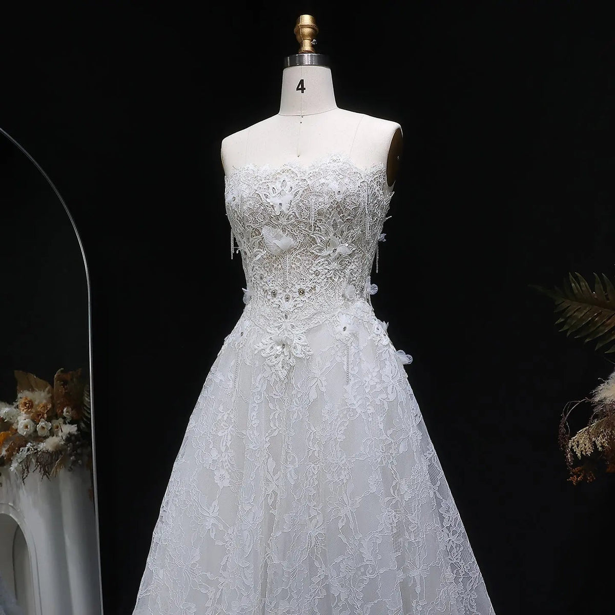 Luxury White Embroidered 3D Floral Strapless Ball Gown Wedding Dress ZP159