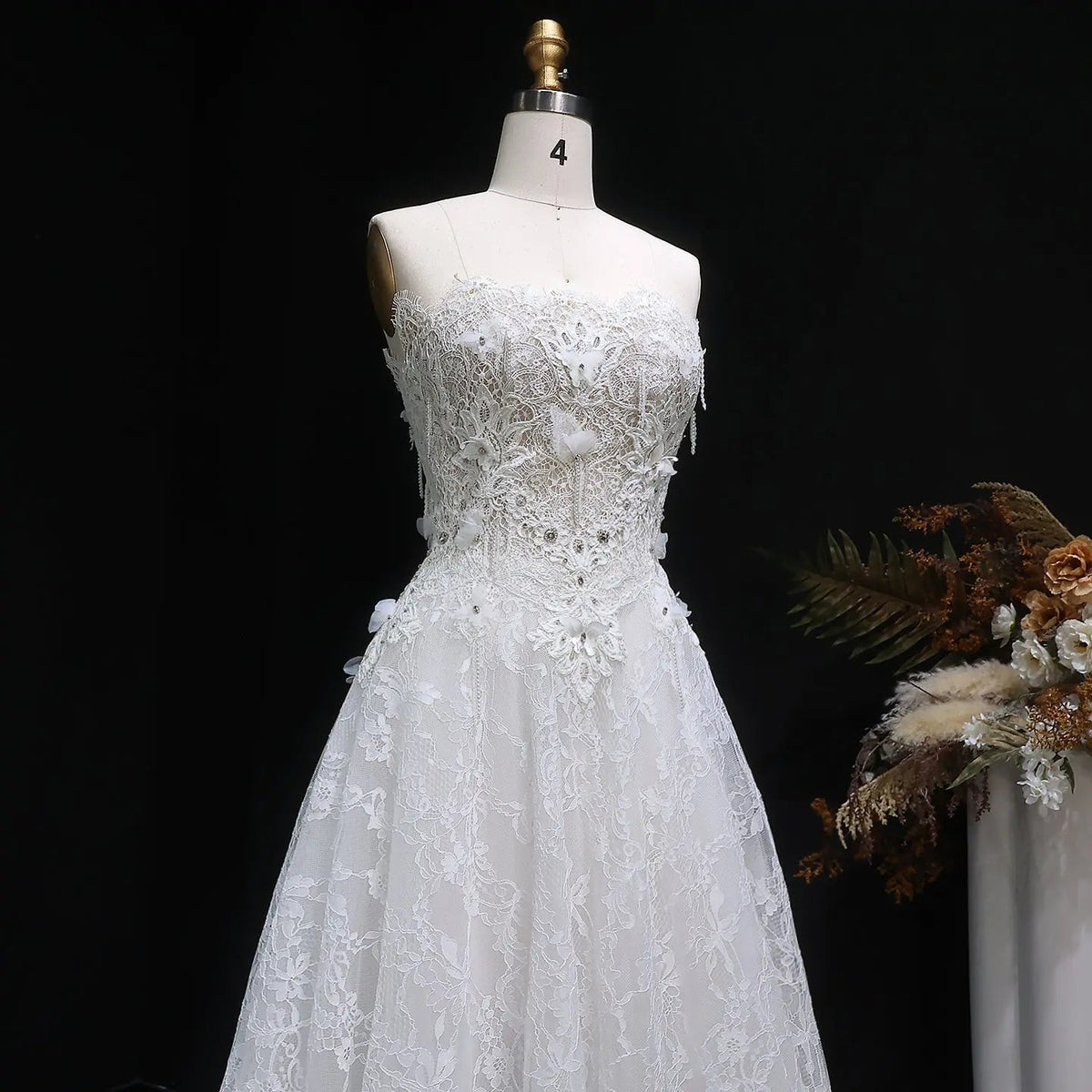 Luxury White Embroidered 3D Floral Strapless Ball Gown Wedding Dress ZP159
